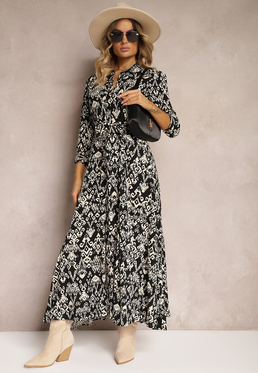 Czarna Sukienka Koszulowa Wiązana w Pasie w Etno Wzór z Wiskozy Lokaggia