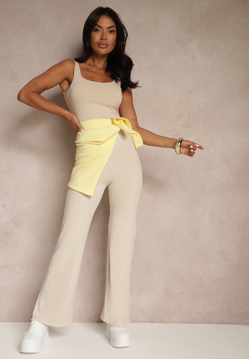 Beżowe Legginsy High Waist z Szeroką Gumką w Pasie Idalania