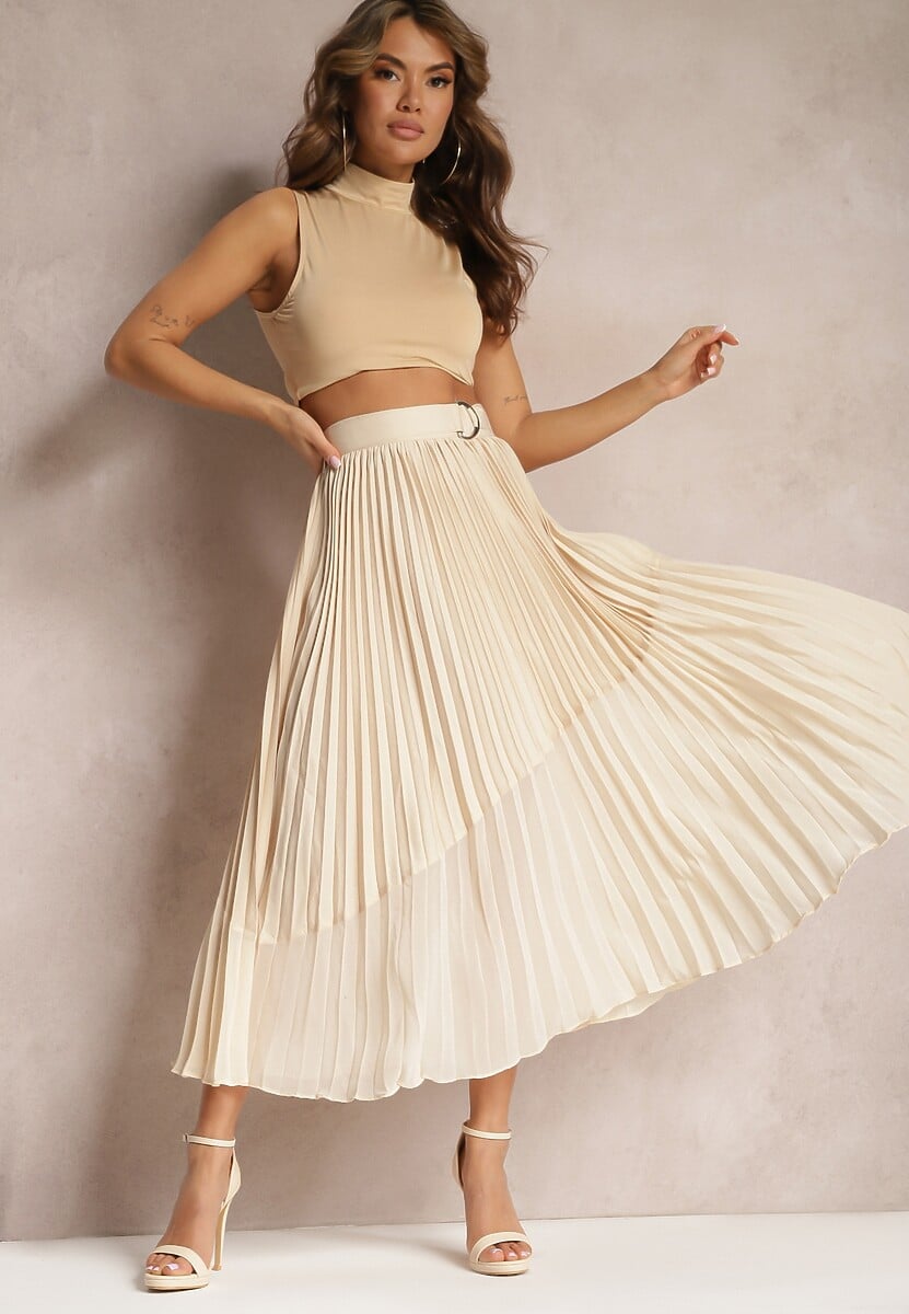 Beżowa Rozkloszowana Spódnica Maxi z Plisowanej Tkaniny z Paskiem ze Sprzączką Zamina