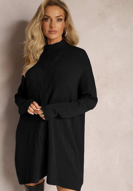 Czarny Sweter z Golfem Oversize z Ozdobnym Splotem i Wiskozą Varela