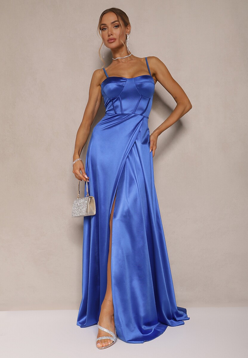 Niebieska Sukienka na Ramiączkach o Rozkloszowanym Kroju z Wiązaniem na Plecach Katirione