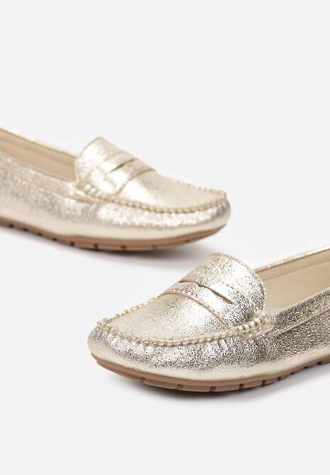 Złote Metaliczne Mokasyny na Płaskiej Podeszwie Morel