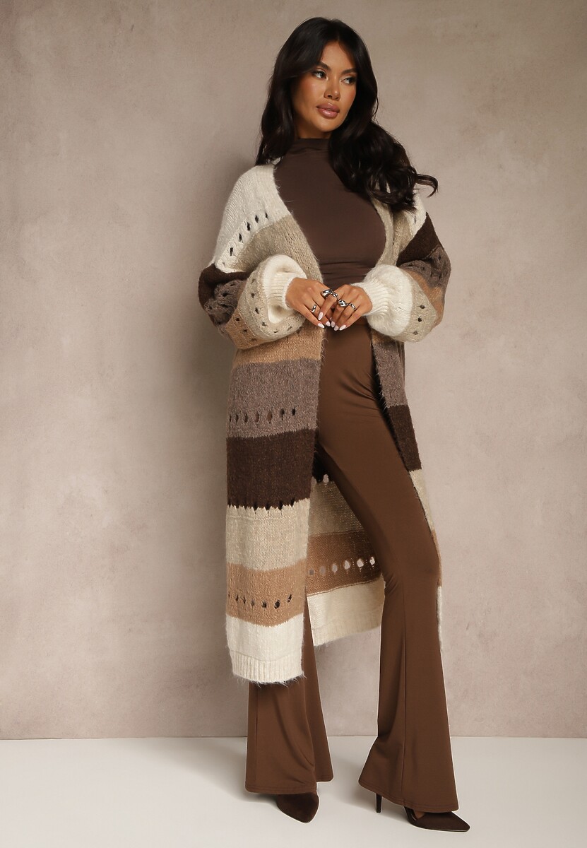 Beżowy Ażurowy Kardigan w Paski z Dodatkiem Wełny i Wiskozy o Długim Kroju Ilonine