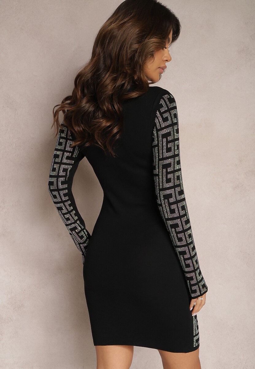Czarna Sukienka Mini Ozdobiona Mozaikowym Motywem i Cyrkoniami Dormana