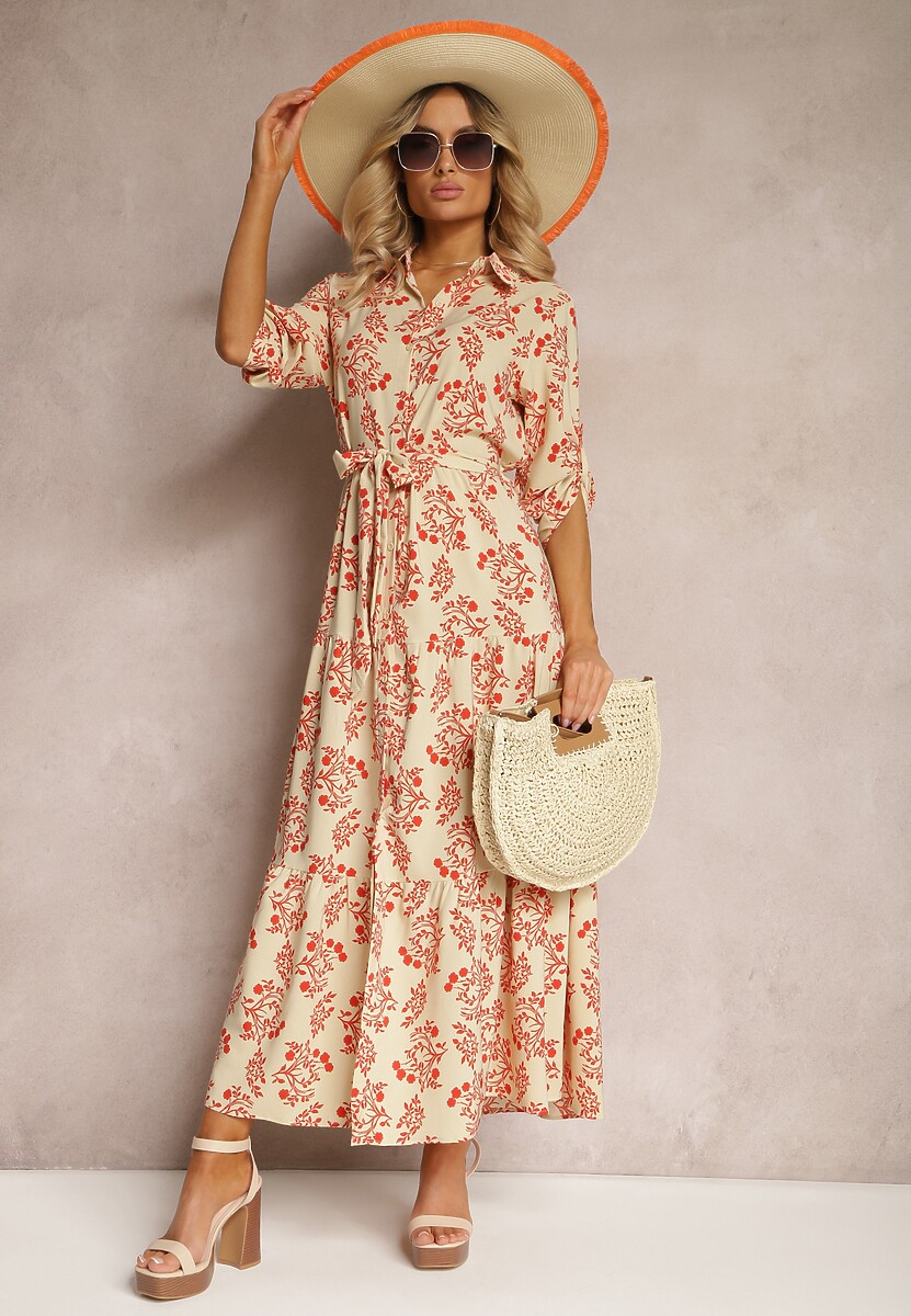 Jasnobeżowa Sukienka Zapinana na Guziki z Materiałowym Paskiem i Podpinanymi Rękawami Biavenna