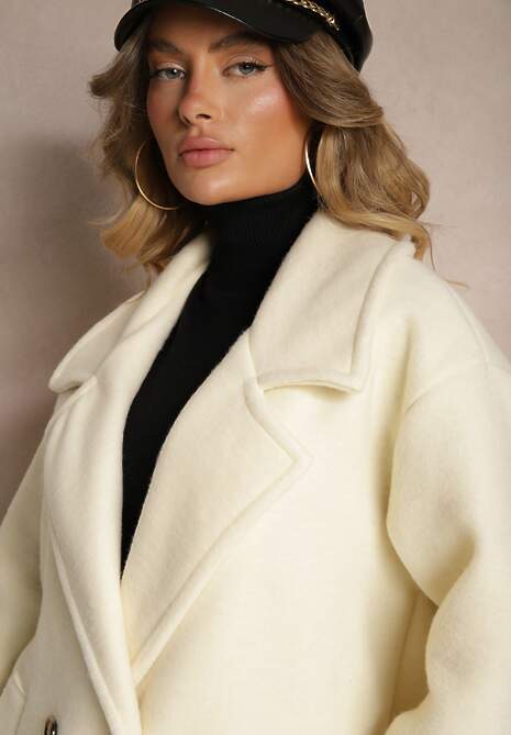 Jasnobeżowy Dwurzędowy Płaszcz Oversize z Wełną Spolete