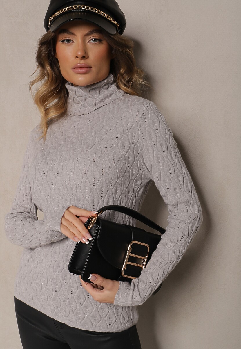 Szary Golf z Wiskozą w Tłoczony Wzór Przeszyty Metaliczną Nitką Neldora