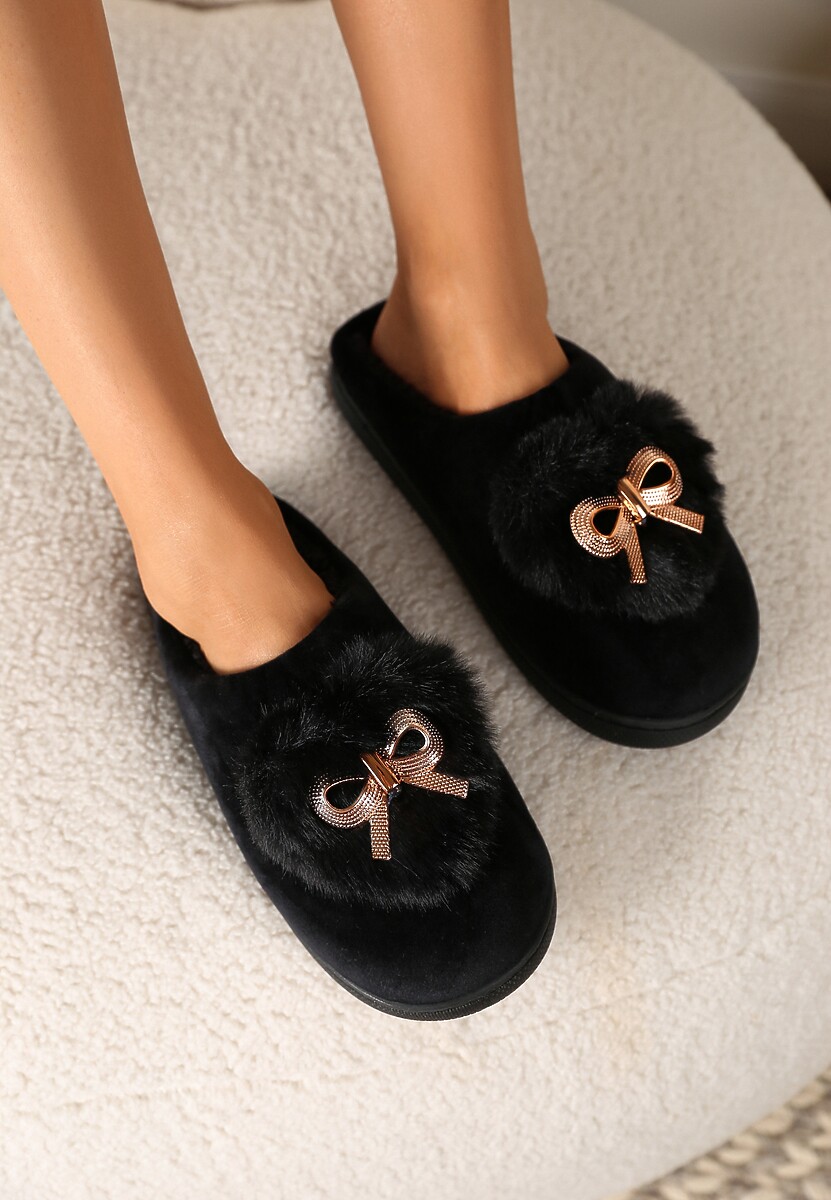 Czarne Kapcie na Płaskiej Podeszwie z Kokardą Lerilina