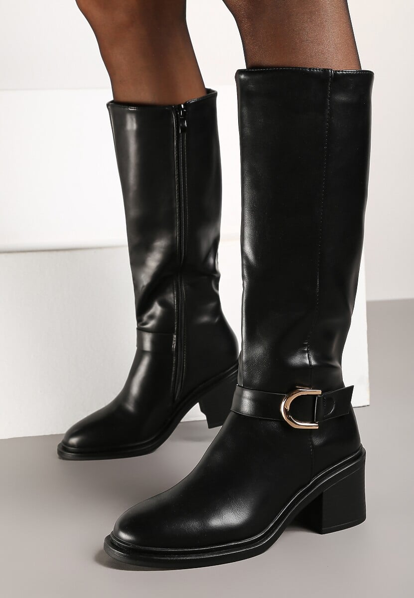 Czarne Kozaki na Słupku z Ozdobną Klamrą i Paskiem Miavirae