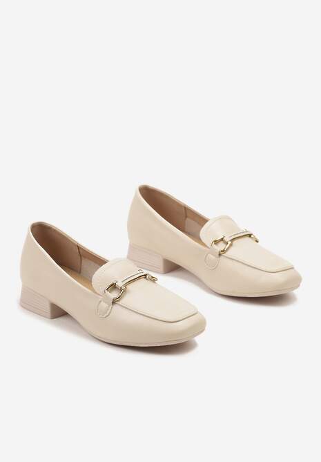 Beżowe Mokasyny na Płaskim Słupku z Klamrą z Cyrkoniami Haloena
