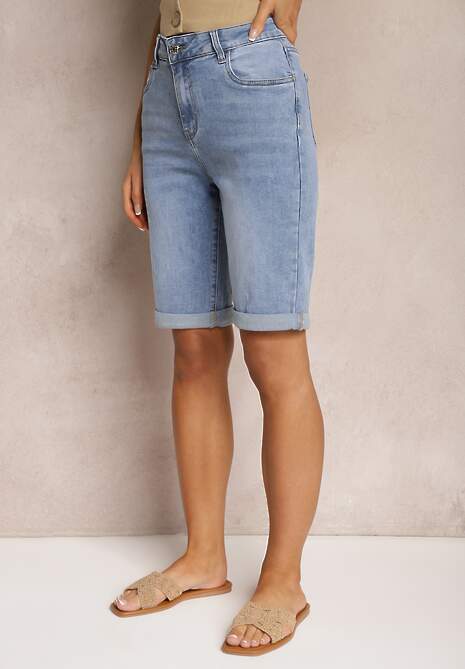 Niebieskie Szorty Jeansowe High Waist z Dodatkiem Bawełny i Przetarciami Nelvanis
