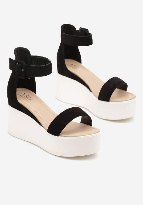 Czarne Casualowe Sandały na Koturnie Zapinane na Sprzączkę Nusolia