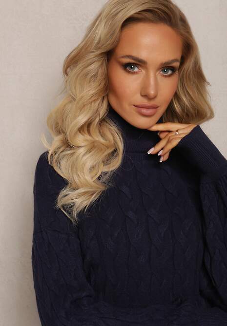 Granatowy Sweterkowy Golf o Warkoczykowym Splocie Taitusi