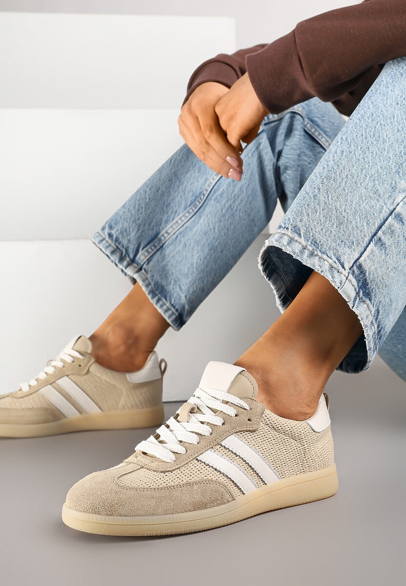 Beżowe Sneakersy Skórzane z Ozdobnymi Paskami Naniella