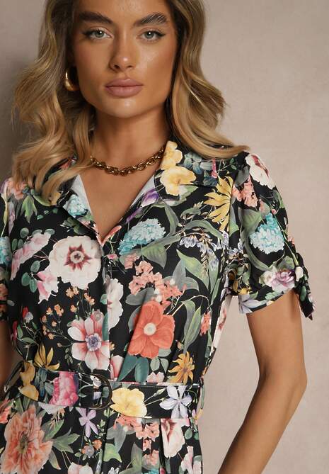Czarna Koszulowa Sukienka w Kwiaty o Rozkloszowanym Fasonie z Paskiem Fevalirra