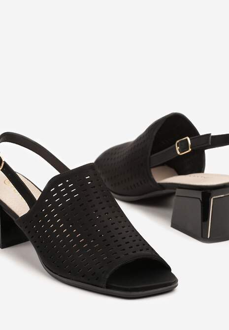 Czarne Ażurowe Sandały na Słupku ze Skórzaną Wkładką Tirlia