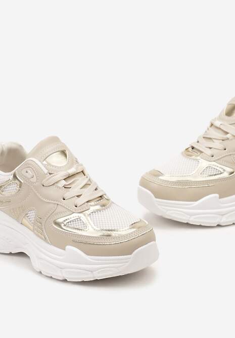 Beżowe Sneakersy z Siateczkowymi i Metalicznymi Wstawkami Telarisa