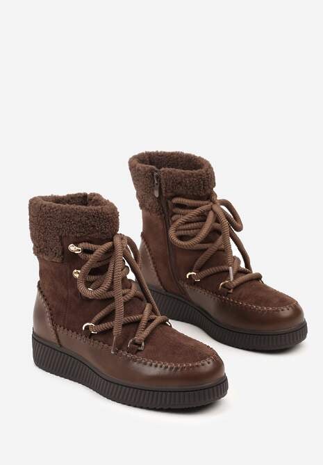 Brązowe Śniegowce Zdobione Futrem i Przeszyciami Genilea