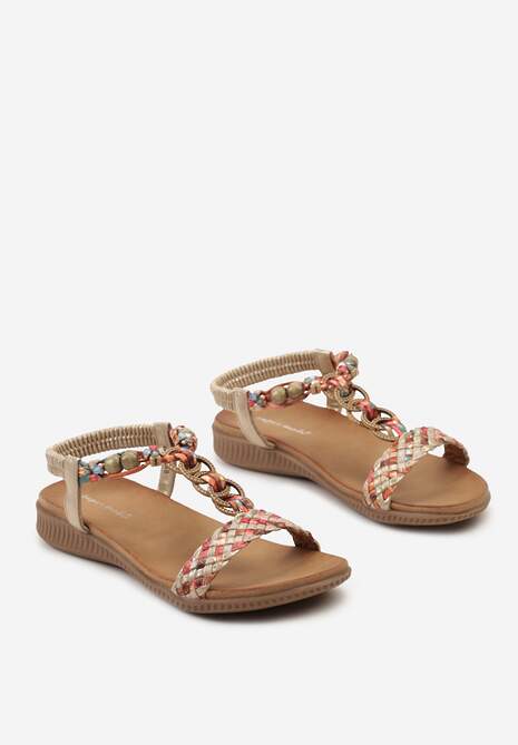 Złote Sandały Ozdobione Koralikami na Plecionych Paskach Wiagena