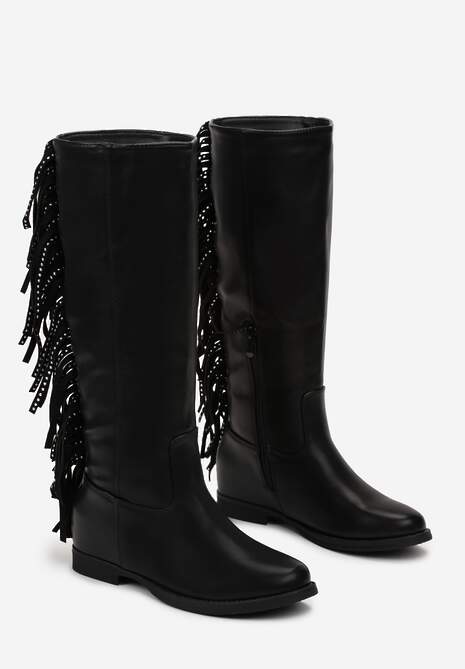 Czarne Płaskie Kozaki z Frędzlami w Stylu Kowbojek Volpe