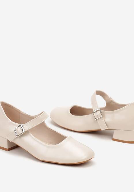 Beżowe Klasyczne Czółenka Zdobione Paskiem i Sprzączką na Niskim Obcasie Vittia
