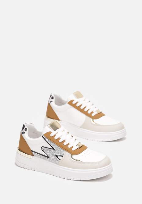 Biało-Brązowe Płaskie Sneakersy z Metalową i Brokatową Wstawką Nebritta