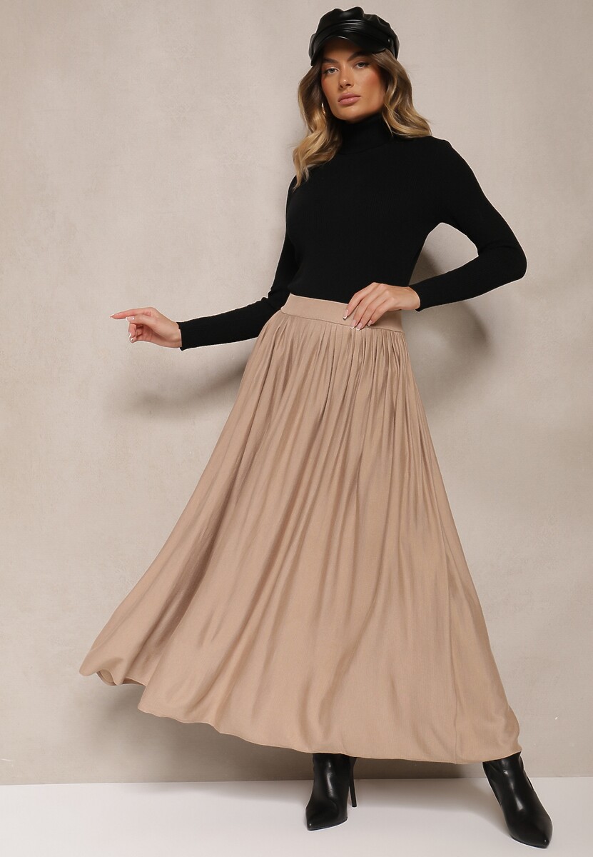 Beżowa Spódnica z Wiskozą o Plisowanym Kroju z Gumką w Pasie Tilisya