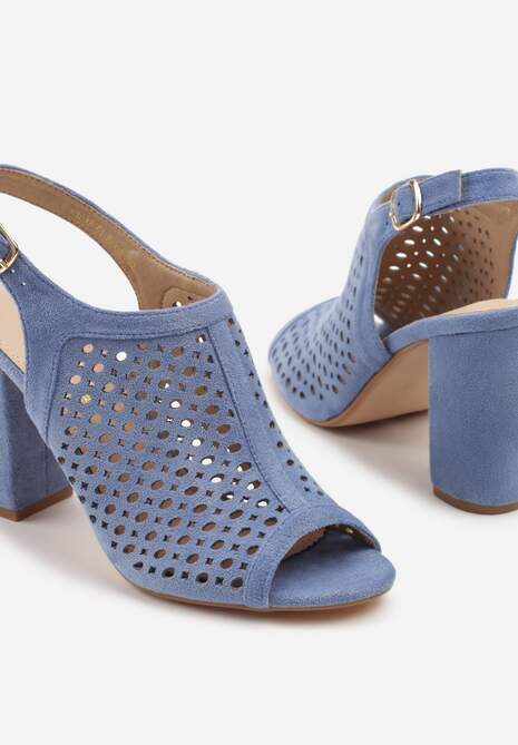 Niebieskie Sandały na Słupku z Ażurową Cholewką i  Skórzaną Wkładką Linalira