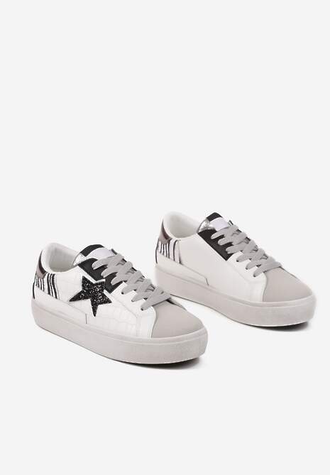 Biało-Szare Sneakersy na Niskiej Platformie z Brokatowymi Zdobieniami Felaven