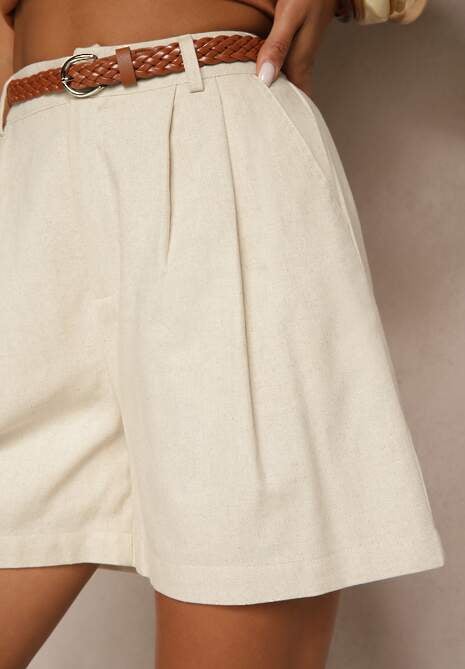 Beżowe Szorty z Bawełny i Ramii o Fasonie Bermudów z Paskiem Anerxa