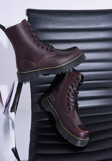 Bordowe Sznurowane Ocieplone Botki na Platformie w Stylu Workerów Crecca