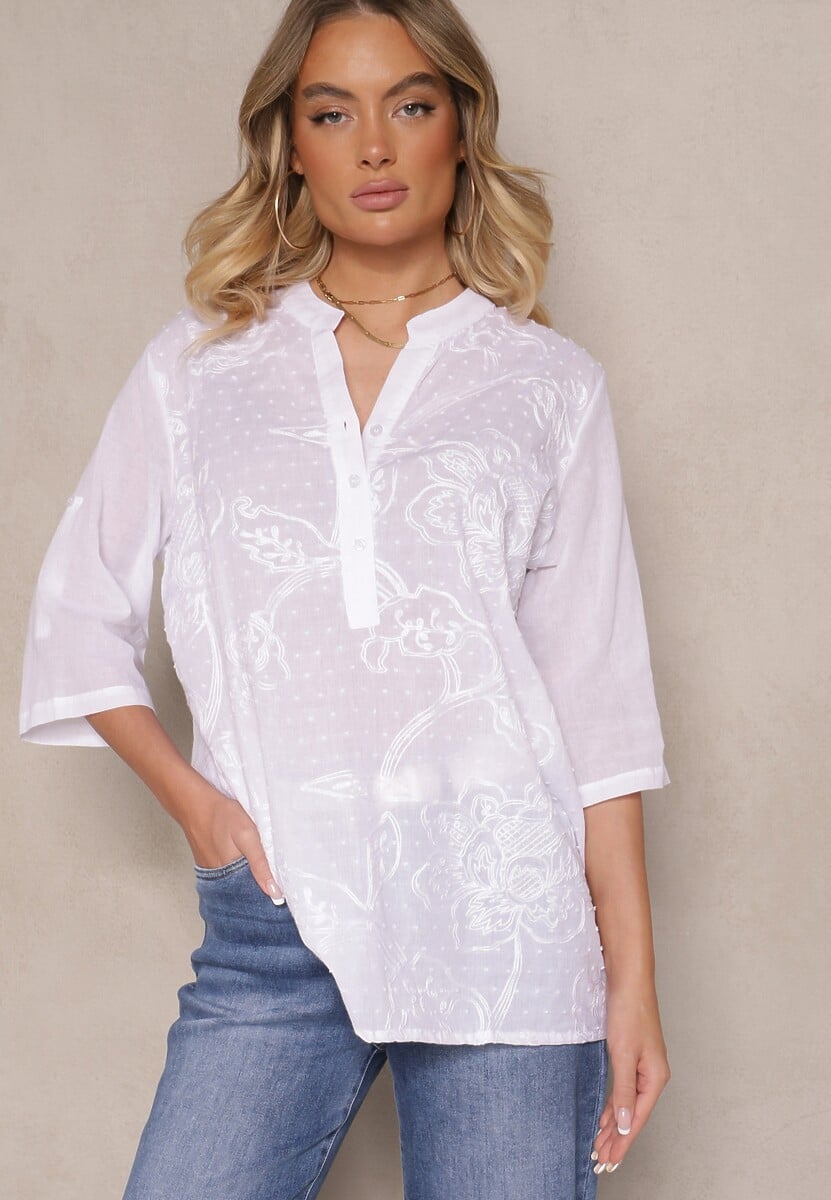 Biała Bawełniana Koszula Ozdobiona Haftem i Regulowanymi Rękawami Aranovia