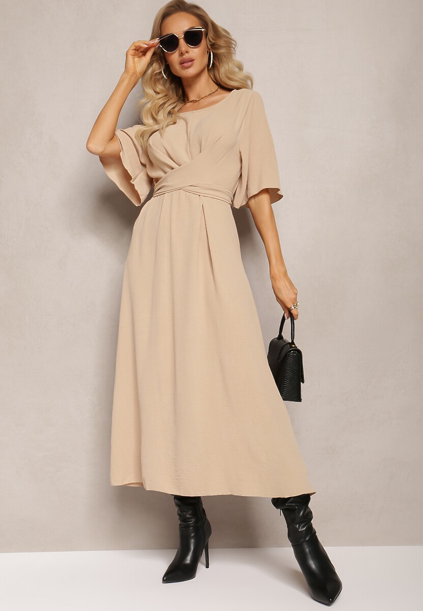 Ciemnobeżowa Rozkloszowana Sukienka Maxi z Szerokim Rękawem i Gumką w Pasie Sador