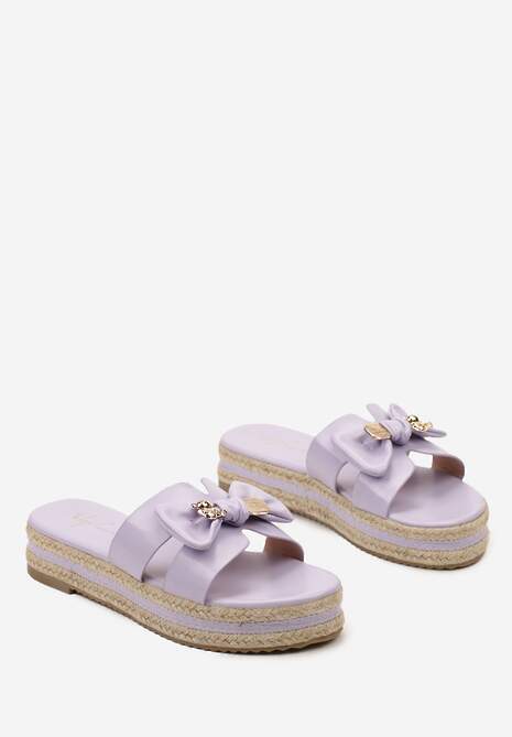Fioletowe Klapki na Platformie z Plecionymi Paskami Wykończone Kokardką Licebia
