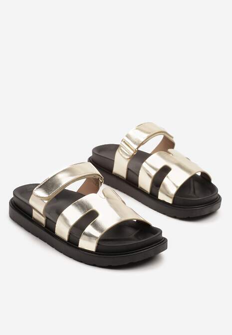 Złote Klapki Typu Gladiatorki z Paskiem na Rzep Nonwen