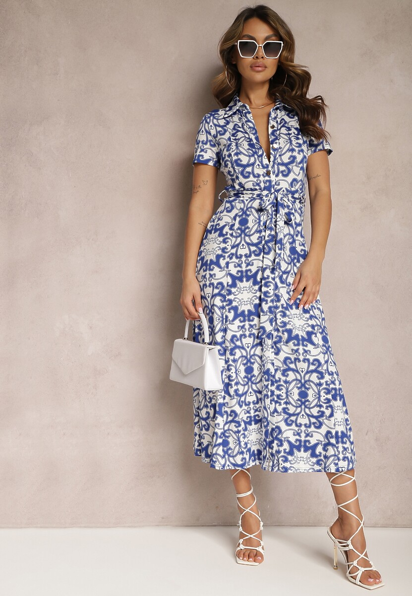 Biało-Granatowa Midi Sukienka Koszulowa z Ornamentalnym Printem Wiązana w Talii Beala