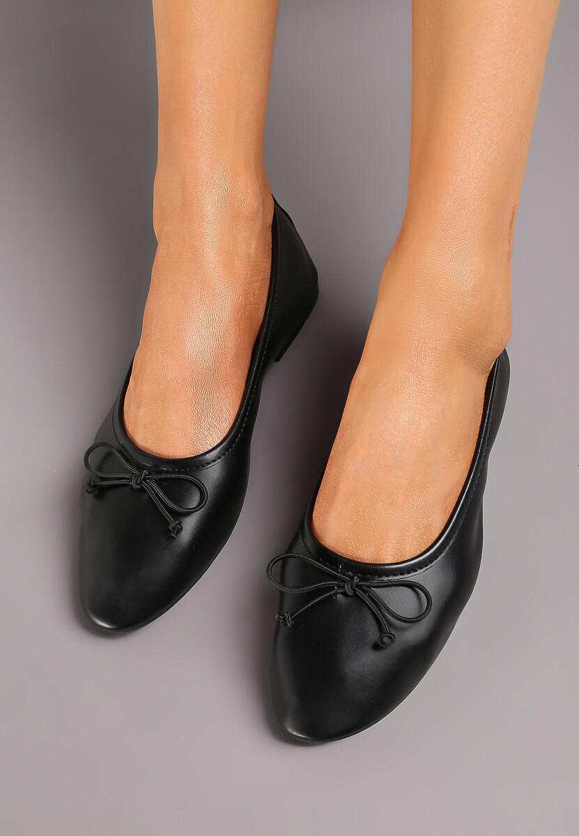 Czarne Casualowe Balerinki na Płaskiej Podeszwie Ozdobione z Przodu Kokardką Ozana