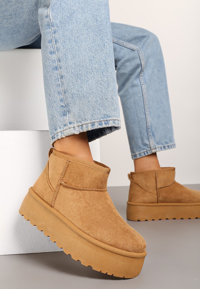 Brązowe Śniegowce na Platformie Ozdobionej Tłoczeniem z Niską Cholewką Inarinne