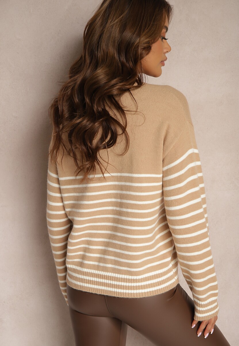 Jasnobrązowy Sweter z Dodatkiem Wiskozy z Cyrkoniami w Paski Nevetema