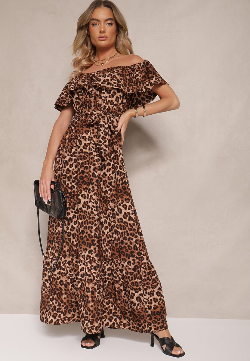 Brązowa Rozkloszowana Sukienka Hiszpanka z Gumką w Talii w Panterkowy Wzór Hiterta