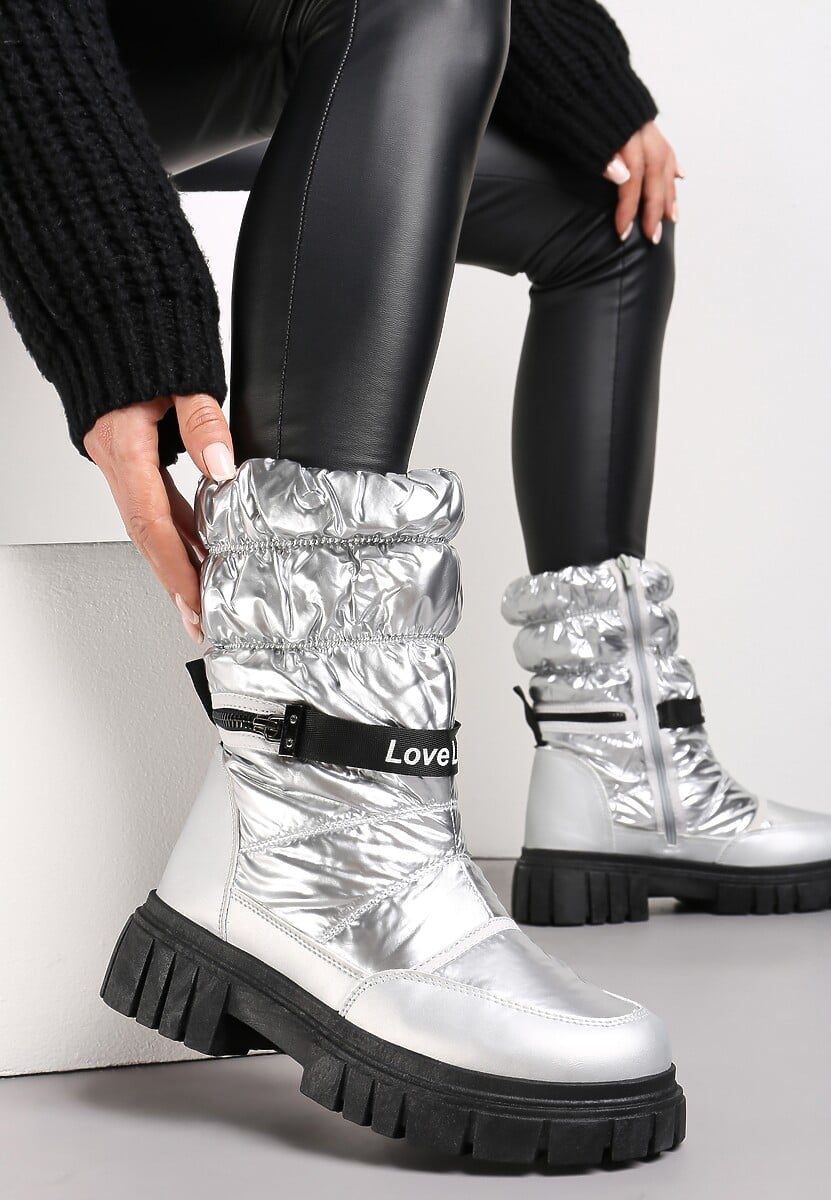 Srebrne Śniegowce Pikowane z Dekoracyjnym Suwakiem Manya