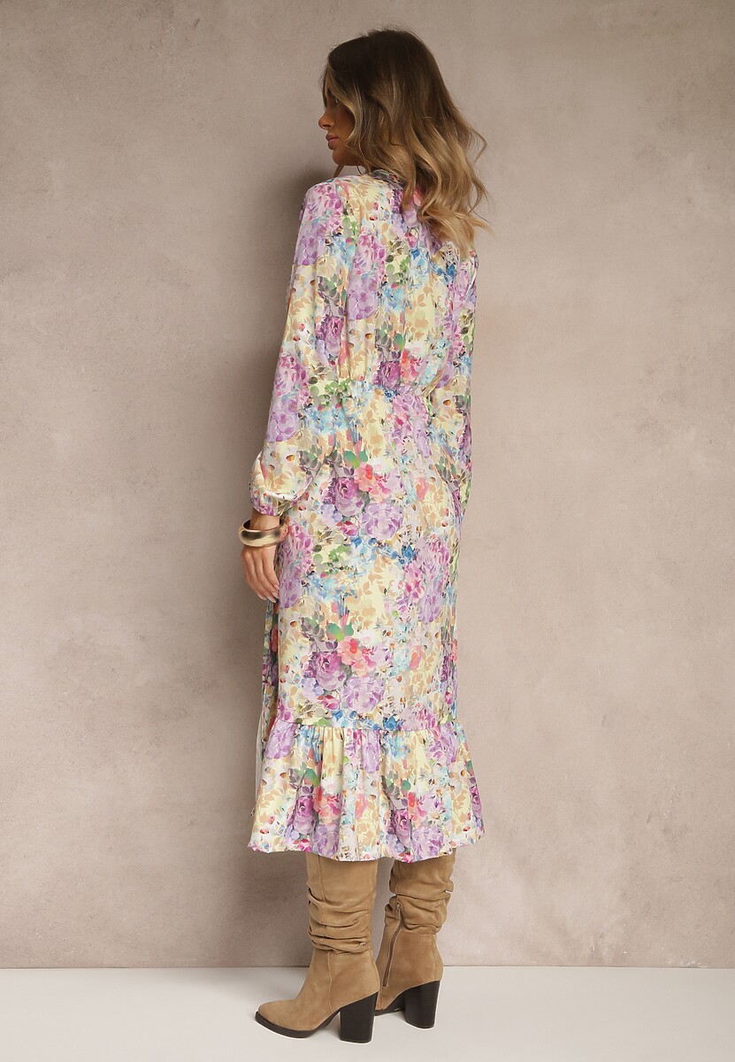 Żółta Sukienka w Kwiatowy Print o Rozkloszowanym Kroju z Dekoltem w Serek Janellia