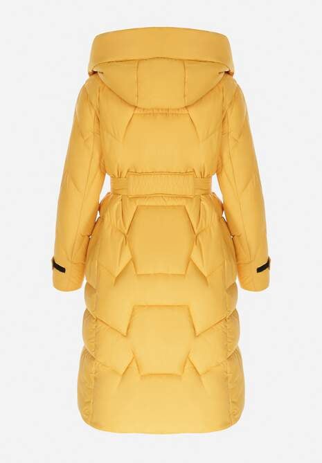 Żółta Kurtka Pikowana Długa z Paskiem i Saszetką Cythine