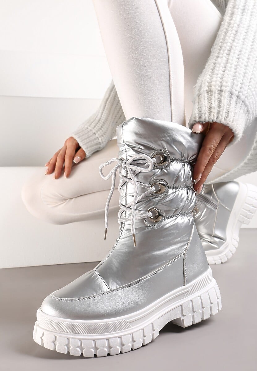 Szampańskie Sznurowane Śniegowce z Ozdobnym Pikowaniem i Połyskiem Birala