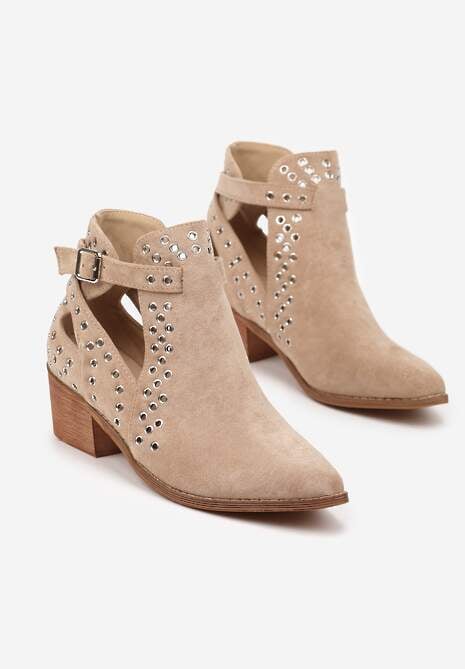 Beżowe Botki Vices na Słupku w Stylu Kowbojek z Metalicznymi Aplikacjami i Wycięciami Virori