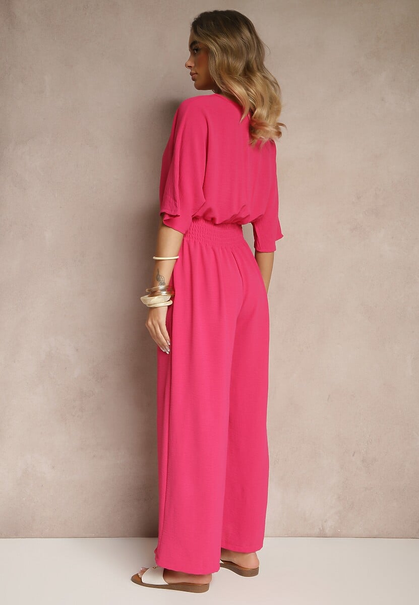 Fuksjowy Taliowany Kombinezon z Zakładkowym Dekoltem i Gumką w Pasie Vimalynna