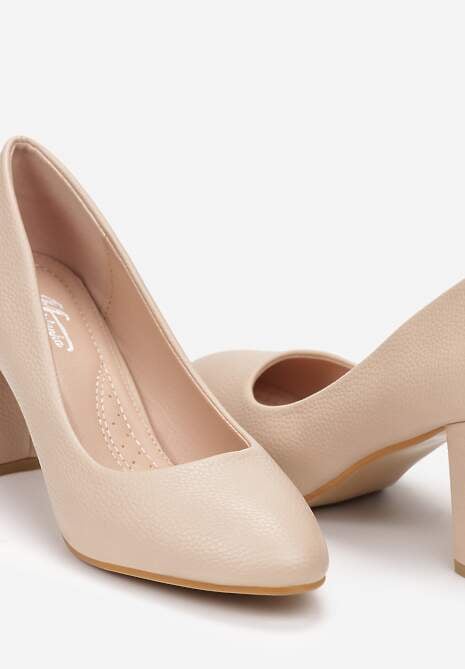 Beżowe Czółenka z Okrągłym Noskiem na Słupku z Imitacji Skóry Wilnia