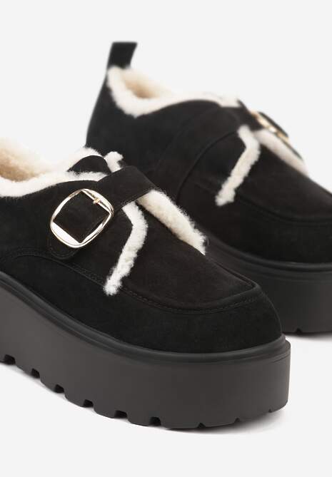 Czarne Śniegowce na Platformie z Paskiem ze Sprzączką i Futrem Unweda