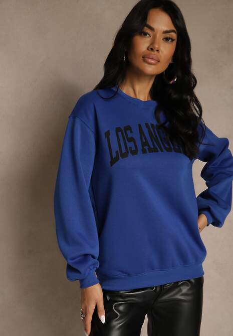 Niebieska Bluza z Bawełną Ozdobiona  Napisem Fezolda