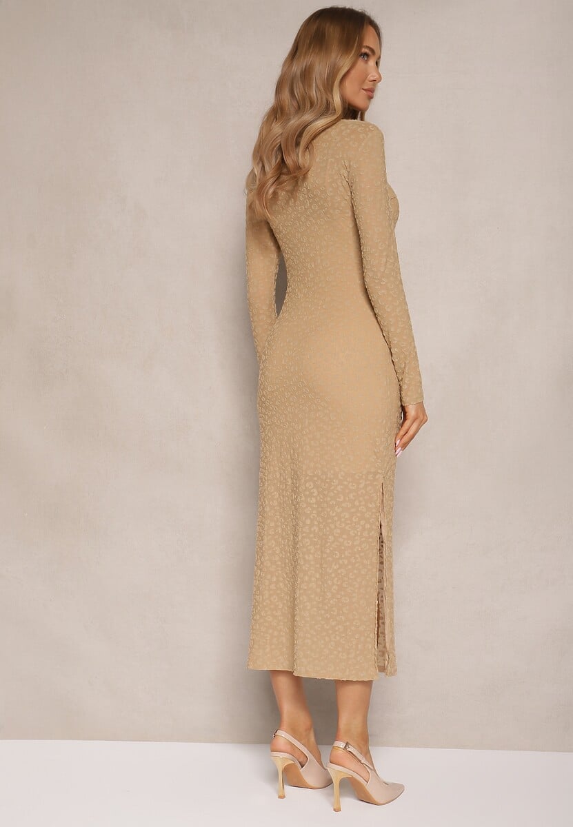 Beżowa Sukienka z Siateczki z Wiskozą Zdobiona Panterkowym Printem Adellona